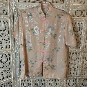 Loon Feng Pink Floral Print Short Sleeve Blouse Top With Mandarin Collar-SZ- XXL